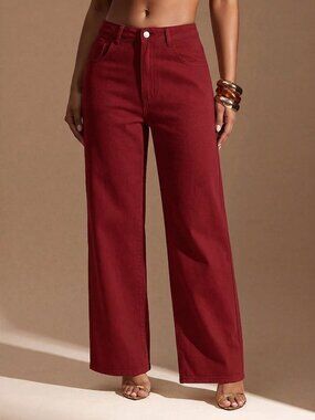 Burgundy Casual Women's Straight Leg Jeans